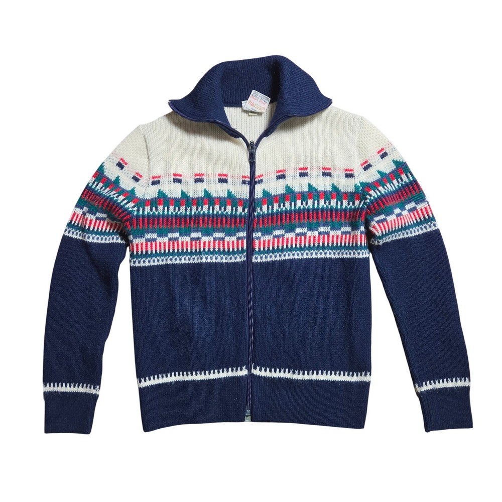 Vintage St Michael Boys Fair Isle Full Zip Knit Sweater 10-11 Navy Retro Nordic